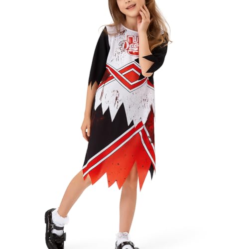 Cheerleader Kostüm Kinder mit Pompons und roter Schleife Horror Grusel blutiges Verkleidung Geschenk für Halloween Party Karneval Fasching Horror Cosplay (Large) von Joyincoser