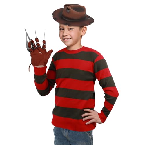 Joyincoser 4PCS Freddy Kostüm Set für Kinder Mit Handschuh Hut Rot Gestreifter Pullover Gruselig Outfits für Halloween Cosplay Fasching Karneval (7-8 Years) von Joyincoser