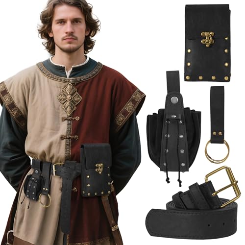 Joyincoser 4PCS Wikinger Kostüm Herren Mittelalter Gürtel Tasche Gürteltasche Piraten Steampunk Accessoires für Halloween Carnival Renaissance Cosplay LARP (Black) von Joyincoser