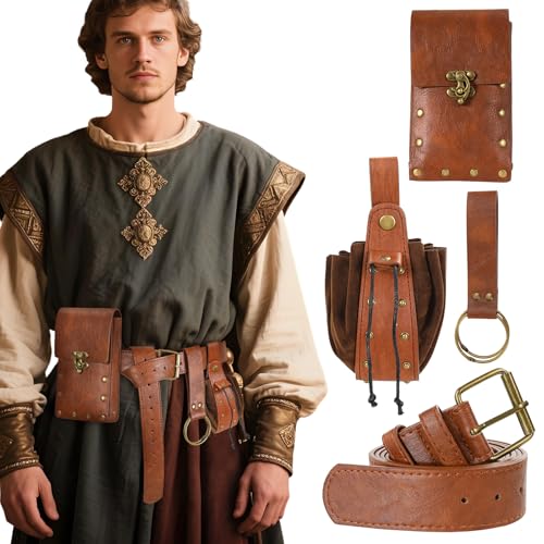 Joyincoser 4PCS Wikinger Kostüm Herren Mittelalter Gürtel Tasche Gürteltasche Piraten Steampunk Accessoires für Halloween Carnival Renaissance Cosplay LARP (Brwon) von Joyincoser