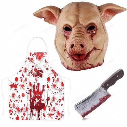 Joyincoser 3PCS Blutiges Schweinekopf-Masken-Set mit Schürze und blutverschmiertem Messer Halloween Horror Kostüm für Erwachsene von Joyincoser