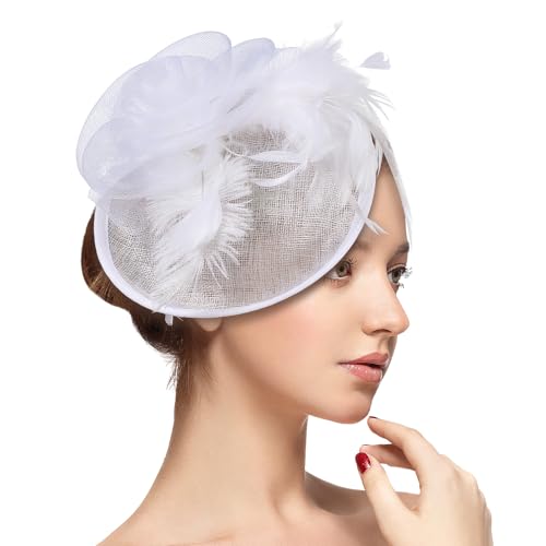 Joyincoser Fascinator Damen Haarschmuck mit Blume, Netz, Organzaband und Federn Cosplay Party (White) von Joyincoser