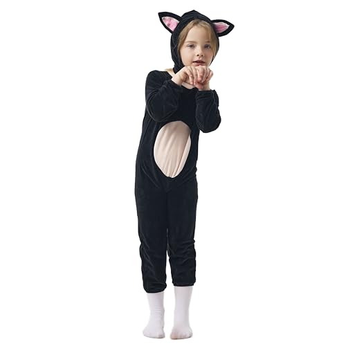 Joyincoser Katze Kostüm Onesie Kinder Schwarze Katze Overallpyjama Mit Katzenohren-Hut Cat Jumpsuit Tierkostüm Kinder Für Halloween Cosplay Fasching (120cm) von Joyincoser