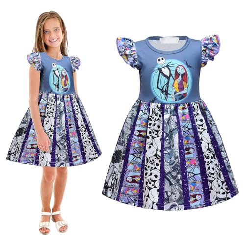 Joyincoser Kleider Mädchen Sally Und Jack Skull Ärmellos Prinzessin Partykleid Horror Scary Tanzen Ball Sally Jack Kleid Mädchen Festlich Für Halloween Karneval (120cm) von Joyincoser