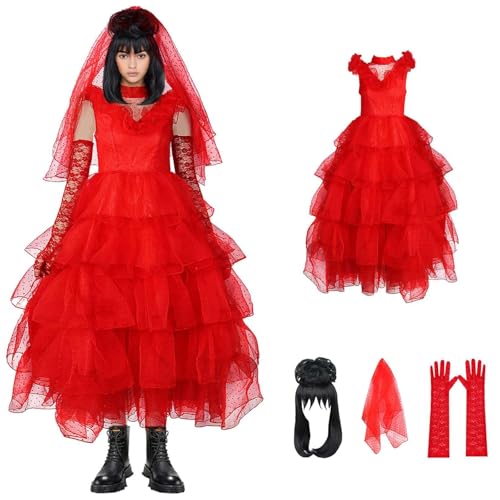 Joyincoser Lydia Deetz Kostüm für Damen, Gothic-Brautkleider, Erwachsene, Rot, Übergröße, Hochzeitskleid, Brautschleier, Perücke, Handschuhe für Halloween, Geburtstag, Party, Cosplay, Größe M, 4 Stück Joyincoser Lydia Deetz Kostüm für Damen, Gothic-Brautkleider, Erwachsene, Rot, Übergröße, Hochzeitskleid, Brautschleier, Perücke, Handschuhe für Halloween, Geburtstag, Party, Cosplay, Größe M, 4 Stück von Joyincoser