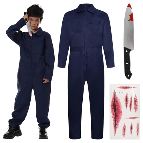 Michael Myers Kostüm Kinder Mit Messer Horror Scary Kill Tiefblau Overall Gruseliges Geschenk Für Halloween Karneval (Small) von Joyincoser
