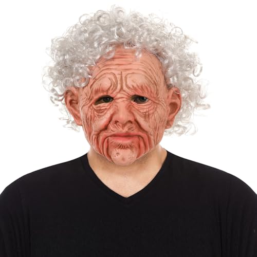 Joyincoser Realistische Alte Mann Maske für Erwachsene mit weichem Material weißen Haaren und Falten Großvater Gesichtsmaske für Halloween Karneval Cosplay Party von Joyincoser