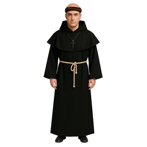 Joyincoser Renaissance Mönchskostüm Herren Kapuzenrobe Gürtel Kreuzkette Glatzenkappe Halloween Karneval Cosplay Mittelalter LARP (L) von Joyincoser
