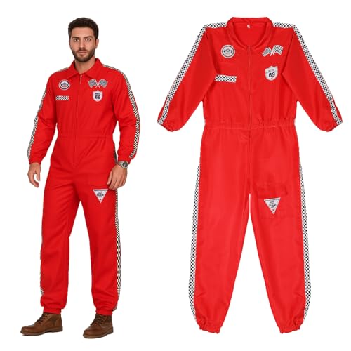 Joyincoser Rennfahrer Kostüm Herren Damen Roter Overall Kostüm Racing Checkerboard Pattern Elastic Cuffs Ankles für Erwachsene Halloween Karneval Party Cosplay (XL) von Joyincoser