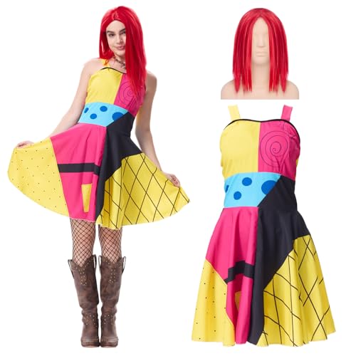 Joyincoser Sally Kostüm Damen Sally Kurzer Rock Christmas mit Rote Perücke Patchwork Schulterfrei Kleid Geschenk für Halloween Karneval Party (L) von Joyincoser