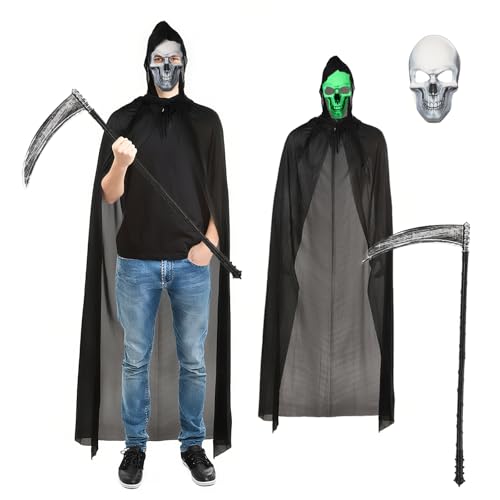 Joyincoser Sensenmann Leuchtmaske für Erwachsene mit Sense Halloween Horror Totenkopfmaske mit Kapuzenumhang für Halloween Party, Cosplay und Karneval Joyincoser Sensenmann Leuchtmaske für Erwachsene mit Sense Halloween Horror Totenkopfmaske mit Kapuzenumhang für Halloween Party, Cosplay und Karneval von Joyincoser