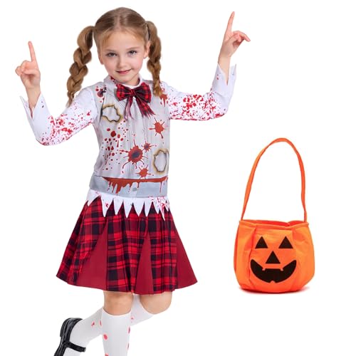 Joyincoser Zombie Schulmädchen Blutige Kostüm Mädchen mit Kürbis Tragetaschen Gruselig Horror Verkleidung für Halloween Fasching Karneval Party Dress Up (Large) von Joyincoser
