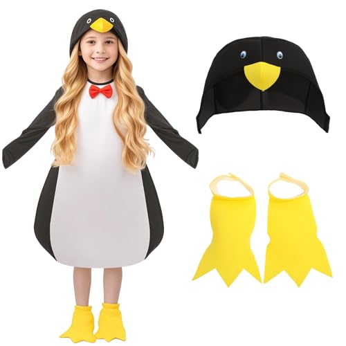 Lustiges Pinguin-Kostüm mit Kapuzen-Overall, roter Fliege und Flossen-Covern – Tierisches Faschings-Outfit für Halloween, Karneval, Cosplay und Partys (S) von Joyincoser