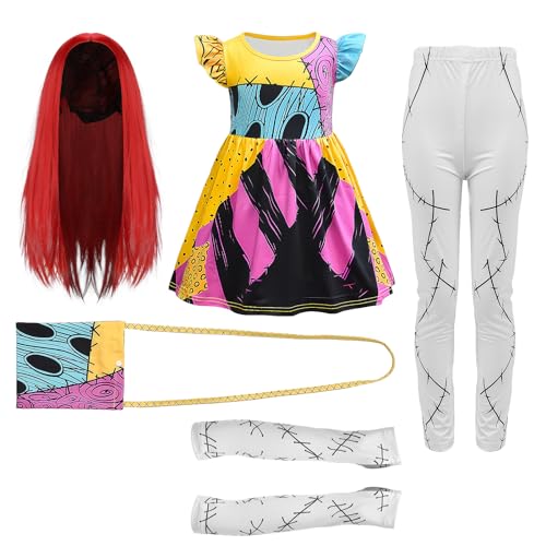 Sally Kostüm für Mädchen Sally Kleid mit Weihnachtsrot Perücke Armstulpen Langhose Schultertasche Gruselige Horrorfilm Verwandlung als Geschenk für Halloween Karneval Faschings Party (110cm) von Joyincoser