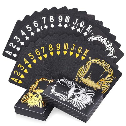 Joyoldelf 2 Decks Cool Black Playing Cards, Skull Pattern Waterproof Deck of Cards Set with Playing Card Case, Poker Cards for Party and Games, 1 Gold + 1 Sliver Joyoldelf 2 Decks Cool Black Playing Cards, Skull Pattern Waterproof Deck of Cards Set with Playing Card Case, Poker Cards for Party and Games, 1 Gold + 1 Sliver von Joyoldelf