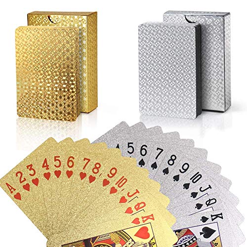 Joyoldelf 2 Stück Spielkarten, Wasserfeste Pokerkarten mit Geschenkbox,Familienparty Spiel Playing Cards (Goldfolie & Silberfolie) von Joyoldelf