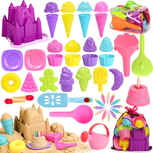 Joyreal 48 Stück Sandspielzeug EIS Set Mädchen Junge - Sandkasten Spielzeug Strandspielzeug Kinder mit Castle Eimer, Sandschaufel, EIS, Nachtisch, Fahrzeug für Kinder 3 4 5 6 7 von Joyreal
