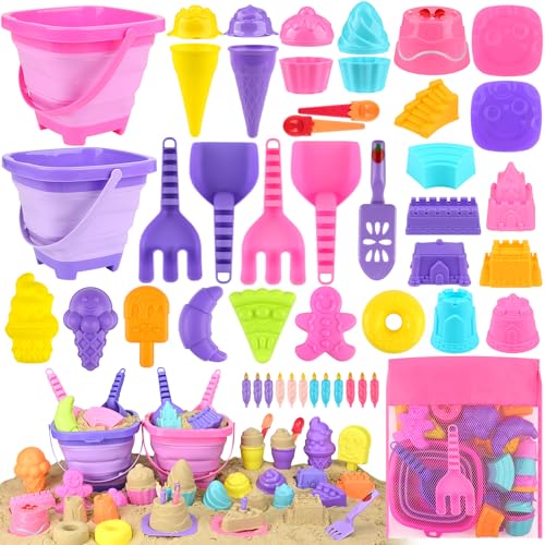 Joyreal 49 Stück Sandspielzeug EIS Mädchen Junge - Sandkasten Spielzeug Strandspielzeug Kinder Spielstabil mit Sandschaufel, Faltbares Eimer, Sandformen, Netzbeutel Strand für Kinder von Joyreal
