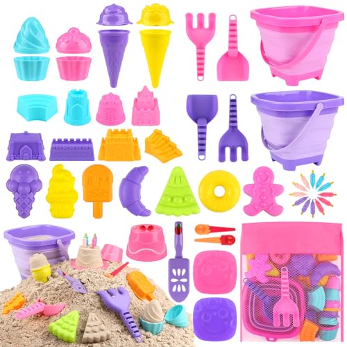Joyreal 49 Stück Sandspielzeug EIS Mädchen Junge - Sandkasten Spielzeug Strandspielzeug Kinder Spielstabil mit Sandschaufel, Faltbares Eimer, Sandformen, Netzbeutel Strand für Kinder von Joyreal