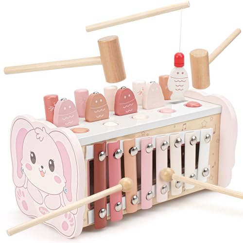 Joyreal Hammerspiel Montessori Spielzeug - 4 In 1 Holzspielzeug Baby, Xylophon Kinder Kinderspielzeug, Angelspiel Motorikspielzeug, Lernspielzeug Geschenke ab Junge Mädchen Kinder von Joyreal