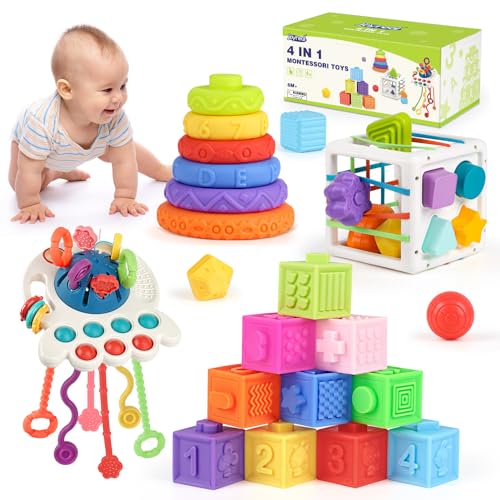 Joyreal Spielzeug, 4 in 1 Montessori Baby, Stapelturm, Sensorik , Motorikwürfel , 6 9 12 Monate, Geschenk für Junge Mädchen von Joyreal