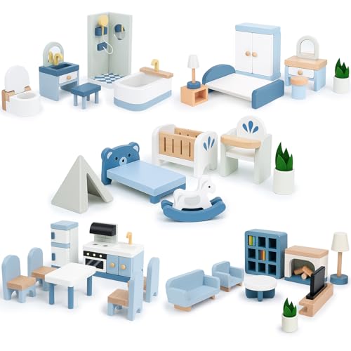 Wooden Dollhouse Furniture Set, 32 Pcs Sanlebi Doll House Accessories and Furniture, Miniature Furniture Including 5 Room Kits, Pretend Play Toy Gift for Boys Girls Toddler 3+ von Joyreal