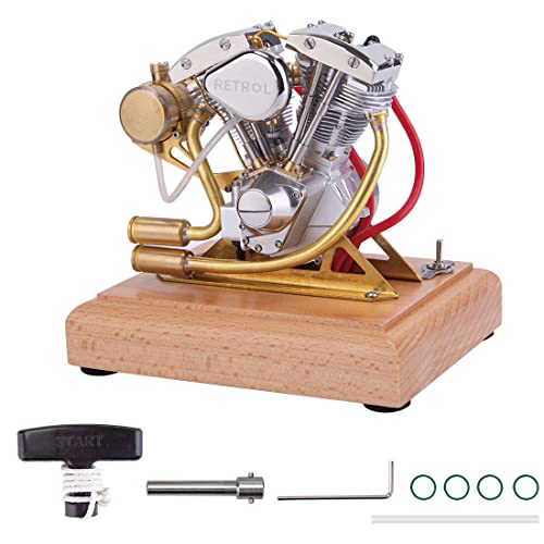 Dampfmaschinen-Modellbausätze, 4,2 cm³ OHV V-Twin-Zylinder 4-Takt-Benzinmotor, Benzinmotor im Retro-Motorrad-Stil mit Holzsockel für wissenschaftliche Experimente, Bildung und Ausstellung von Joytopiaminds