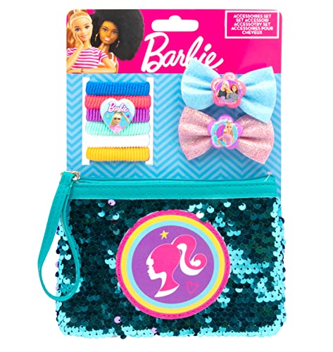 Joy Toy - Barbie Set mit 6 Zöpfchenhaltern, 2 Haarspangen mit Glitzermasche und magischem Pailletten-Beautytäschchen auf Backercard 14,5x2x21 cm von Joytoy