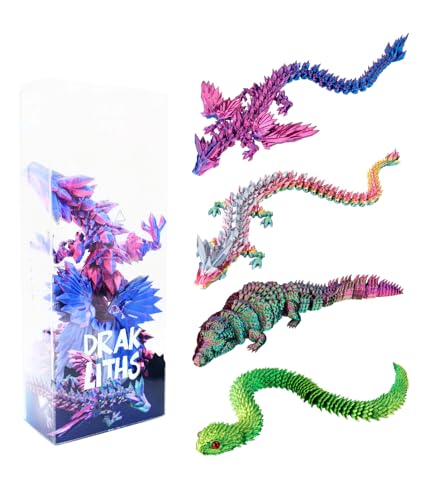 Joy Toy - Drakliths 24159 - 3D-gedruckte Tiere; Drache - Drache mit Flügel - Schlange - Krokodil ; voll bewegliche Tiere, Zappelspielzeug in Geschenkspackung 8x4,5x20 cm von Joytoy