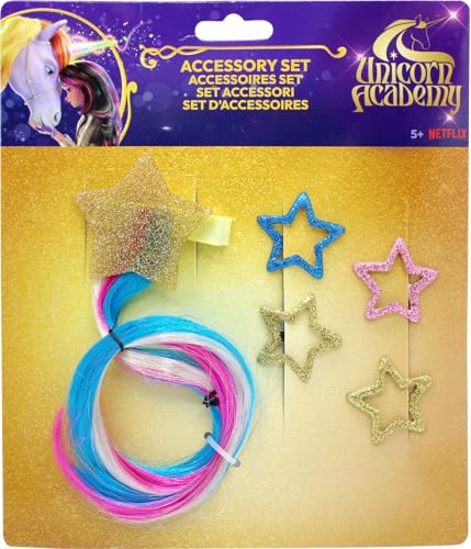 Joy Toy - Unicorn Academy Sterne Set: Haarclip mit bunten Haaren und 4 Glitzer Haarclips von Joytoy