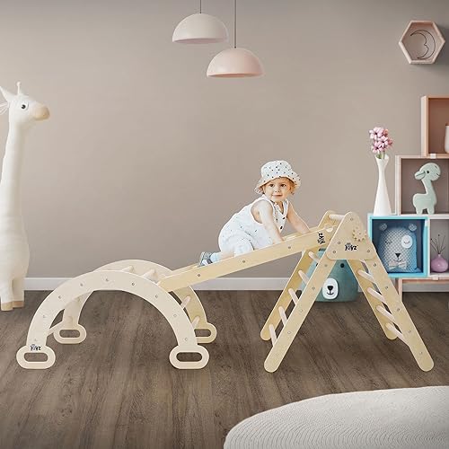 Joyz 3in1 Kletterdreieck mit Rutsche & Kletterbogen, Natur, Holz, Bogenwippe mit Kletterrampe nach Pikler Art, Montessori Klettergerüst Set Indoor für Kinder ab 2 Jahre, Lernspielzeug Kletterspielzeug von Joyz