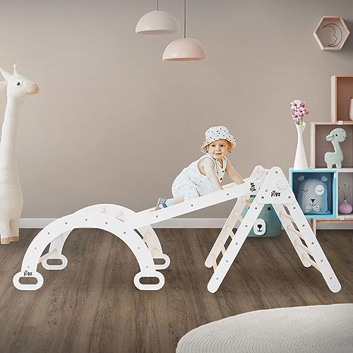 Joyz 3in1 Kletterdreieck mit Rutsche & Kletterbogen, Natur-Weiß, Holz, Bogenwippe mit Kletterrampe Pikler Art, Montessori Klettergerüst Set Indoor für Kinder ab 2 Jahre, Lernspielzeug Kletterspielzeug von Joyz