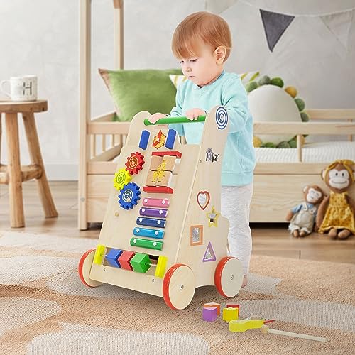 Joyz Lauflernwagen Holz, Natur, Multifunktionale Baby Walker Lauflernhilfe für Kinder ab 1 Jahr, Gehfrei, Montessori-Holzspielzeug mit 6 Aktivitäten, Gehhilfe mit Gummibereifung, Spiel- und Laufwagen von Joyz