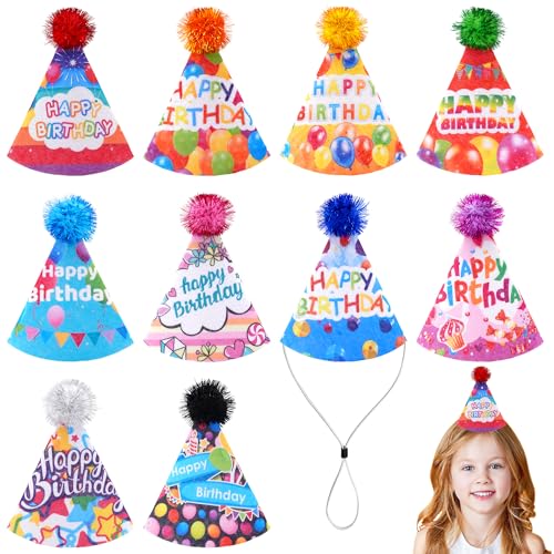 JpGdn 10 Stück Geburtstagsparty-Hüte für Kinder, Puppen, Haustiere, mit verstellbarem Kopfband, Filz, wiederverwendbar, Happy Birthday-Hüte, Kindergeburtstagszubehör, Dekorationen von JpGdn