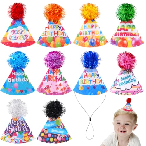 JpGdn 10 Stück Geburtstagsparty-Hüte für Kinder, Puppen und Haustiere mit verstellbarem Kopfband, Filz, wiederverwendbar, Happy Birthday-Hüte, Kindergeburtstagszubehör, Dekorationen von JpGdn