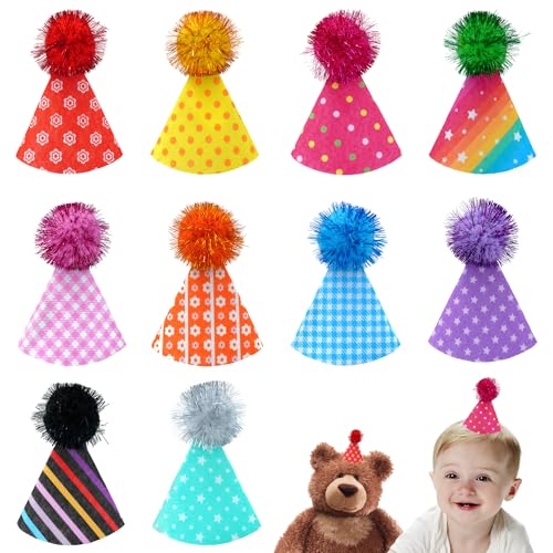 JpGdn Mini-Filz-Partyhüte für Kinder, Puppen und Haustiere, mit verstellbarem Kopfband, wiederverwendbare Geburtstagshüte, Kindergeburtstagszubehör, Dekorationen, 10 Stück von JpGdn