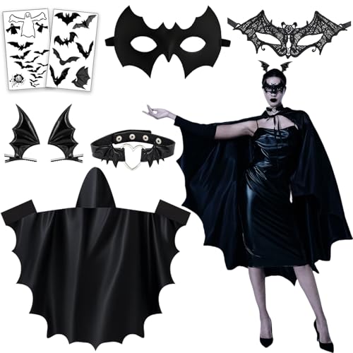 Bat Kostüm, Halloween Kostüm Damen, 8 Stück Federmaus Zubehör Set Einschließlich Bat Umhang Erwachsene Tattoo Maske Haarnadel und Halskette, Kostüm Damen Fledermaus für Halloween Weihnachten Party Bat Kostüm, Halloween Kostüm Damen, 8 Stück Federmaus Zubehör Set Einschließlich Bat Umhang Erwachsene Tattoo Maske Haarnadel und Halskette, Kostüm Damen Fledermaus für Halloween Weihnachten Party von JrnSvp
