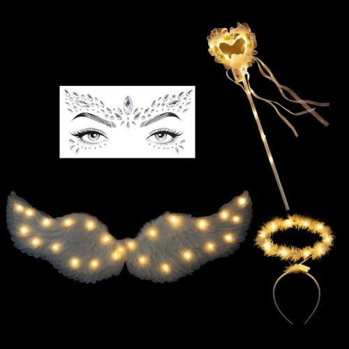 Engel Kostüm, Halloween Kostüm Damen, 4 Stück mit Flügel Kostüm und Zubehör, mit Federflügel Heiligenschein Zauberstab Gesichtsaufkleber, Angel Wings für Thematische Party und Karneval Engel Kostüm, Halloween Kostüm Damen, 4 Stück mit Flügel Kostüm und Zubehör, mit Federflügel Heiligenschein Zauberstab Gesichtsaufkleber, Angel Wings für Thematische Party und Karneval von JrnSvp