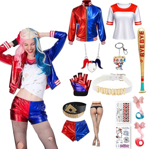 Harley Kostüm Damen, Halloween Kostüm Damen, 13 Stück Cosplay Set für Halloween und Karneval, Inklusive Perücke, Jacke und Zubehör, für Karneval Cosplay Faschings Halloween(S/M/L) von JrnSvp