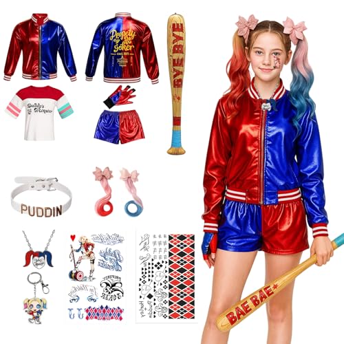 Harley Kostüm Kinder, Halloween Kostüm kinder, 11Stück Set für Mädchen, Karneval Kostüm für Kinder Cosplay Clown Kostüm für Karneval Cosplay Faschings Halloween(120CM/130CM/140CM) von JrnSvp