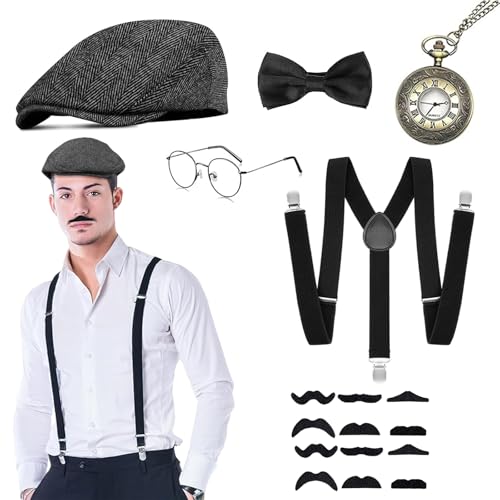 JrnSvp 20er Jahre Kostüm Herren, Halloween Kostüm, 17 Stück 20er Jahre Accessoires Taschenuhr Hosenträger Krawatte Bärte Peaky Blinders Brille, für Faschingskostüme Männer JrnSvp 20er Jahre Kostüm Herren, Halloween Kostüm, 17 Stück 20er Jahre Accessoires Taschenuhr Hosenträger Krawatte Bärte Peaky Blinders Brille, für Faschingskostüme Männer von JrnSvp