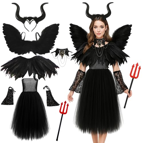 Maleficent Kostüm Damen, Halloween Kostüm Damen, 7 Stück Set Mit Hörnern Flügeln Und Kleid, Verkleidung für Fasching Karneval Und Kostümpartys, Engelsflügel für Halloween Fasching Karneval(L/XL) von JrnSvp