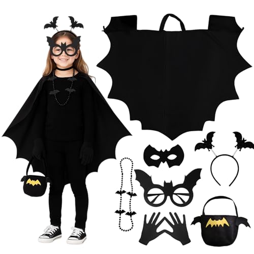 Fledermaus Kostüm Kinder, Halloween Kostüm Kinder, 7 Stück Kinderkostüm mit Flügeln, Maske und Accessoires für Jungen und Mädchen für Karneval, Themenpartys und Tanzaufführungen(100CM/130CM) von JrnSvp