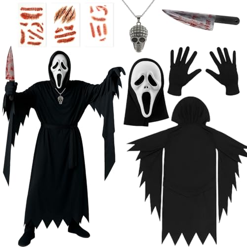 JrnSvp Scream Maske, Scream Kostüm, 8 Stück Set mit Maske, Handschuhen und Tattoos Halloween Kostüm Damen und Herren, Perfekt für Horrorpartys und Cosplay von JrnSvp