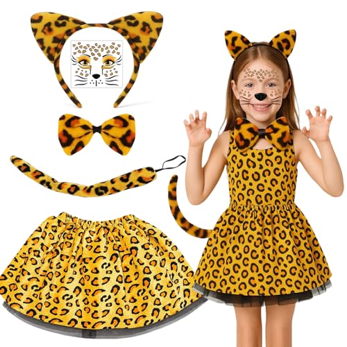 JrnSvp Tiger Kostüm Kinder, Halloween Kostüm Kinder, 5 Stück Gepard Kostüm Set mit Haarreif, Schleife, Schwanz, Kleid und Aufklebern für Fasching, Halloween und Dschungel Partys JrnSvp Tiger Kostüm Kinder, Halloween Kostüm Kinder, 5 Stück Gepard Kostüm Set mit Haarreif, Schleife, Schwanz, Kleid und Aufklebern für Fasching, Halloween und Dschungel Partys von JrnSvp