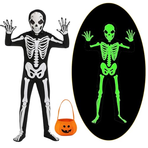 Skelett Kostüm Kinder, Halloween Kostüm Kinder, 4 Stück Leuchtend Skelett Kostüm Mit Tasche, Ideal für Karneval und Kostümpartys Perfekt für Halloween Süßes oder Saures(M) von JrnSvp