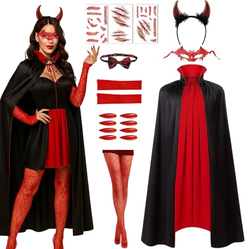 Vampir Kostüm Damen, Halloween Kostüm Damen, 10 Stück Karneval Kostüm Damen mit Zubehör für Themenpartys Gruselig Teufel Umhang Zwei Seiten Reversible Hoher Kragen Magier Kapuzenumhang (M) von JrnSvp