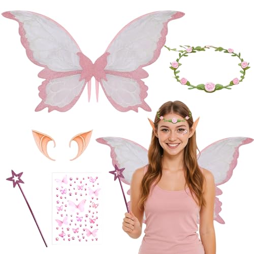 Feenflügel Erwachsene, Halloween Kostüm Damen, Schmetterling Kostüm Set Enthält FeenflüGel Elfenöhren Feen Stirnband Feenstab Aufkleber, Feen Kostüm Damen Mädchen für Halloween Karneval Cosplay Party Feenflügel Erwachsene, Halloween Kostüm Damen, Schmetterling Kostüm Set Enthält FeenflüGel Elfenöhren Feen Stirnband Feenstab Aufkleber, Feen Kostüm Damen Mädchen für Halloween Karneval Cosplay Party von JrnSvp