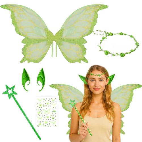 Feenflügel Erwachsene, Halloween Kostüm Damen, Schmetterlingsflügel Mit Elfenöhren, Feen Stirnband, Feenstab und Aufkleber, Feen Kostüm für Halloween Karneval Cosplay Party, für Ab 14 Jahren Feenflügel Erwachsene, Halloween Kostüm Damen, Schmetterlingsflügel Mit Elfenöhren, Feen Stirnband, Feenstab und Aufkleber, Feen Kostüm für Halloween Karneval Cosplay Party, für Ab 14 Jahren von JrnSvp