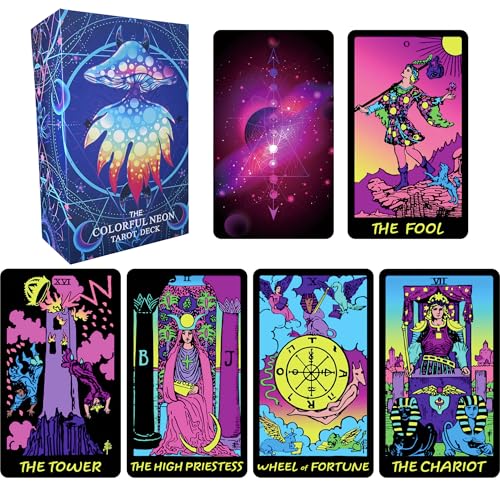 Jrskvaro Buntes Neon-Tarotkarten-Deck mit Anleitung für Anfänger – 78 klassische Karten mit Bedeutungen Jrskvaro Buntes Neon-Tarotkarten-Deck mit Anleitung für Anfänger – 78 klassische Karten mit Bedeutungen von Jrskvaro